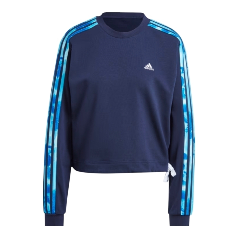Adidas Women's 3-Striped Floral Print French Terry Sweatshirt Blue